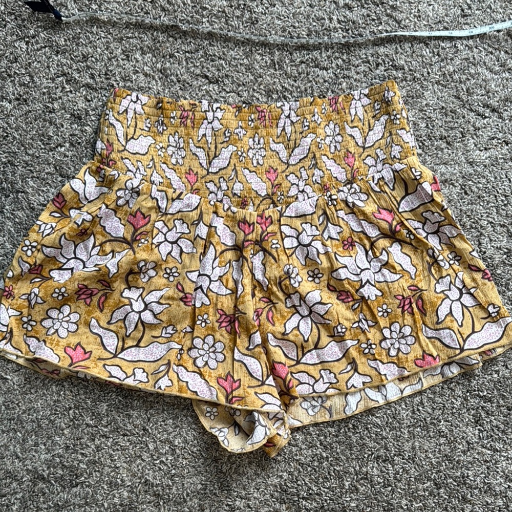aerie Mustard Floral Print Smocked Waist Shorts